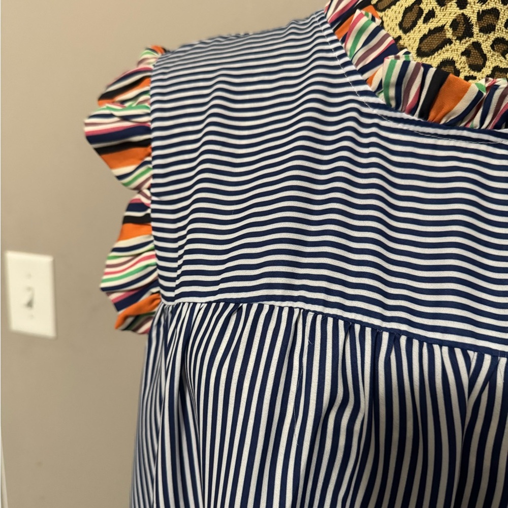 Striped Blue and Multicolor Ruffle Top - Picture 2 of 8